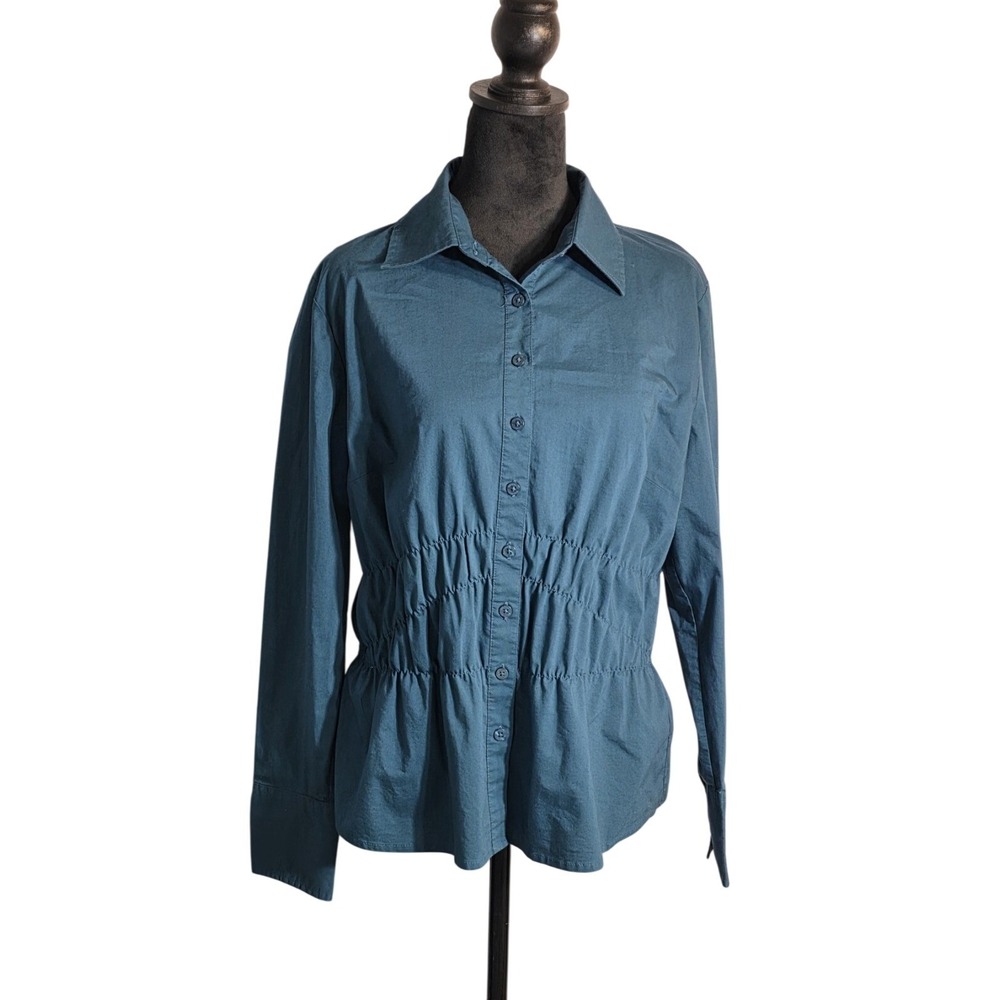 Worthington Stretch Teal Blue Smocked Waist‎ Button Down Blouse Shirt Womens L